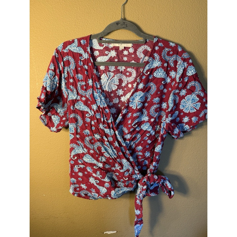 LOFT Red Blue White Floral Paisley Tie Front Short Sleeve Wrap Top Blouse XL